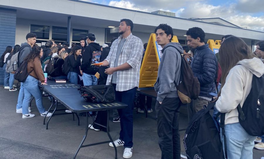 On Jan. 19 at Bonita Vista High (BVH), seniors stand in line as they wait for the windows to open to receive their Gradnite ticket. Students are expected to have a signed permission slip, an ID, and money coming to the register.