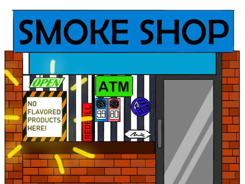 On Dec. 21 2022, flavored tobacco has been banned in California. A smoke shop in California has a new displayed sign NO FLAVORED PRODUCTS HERE! to help reduce youth nicotine addictions.