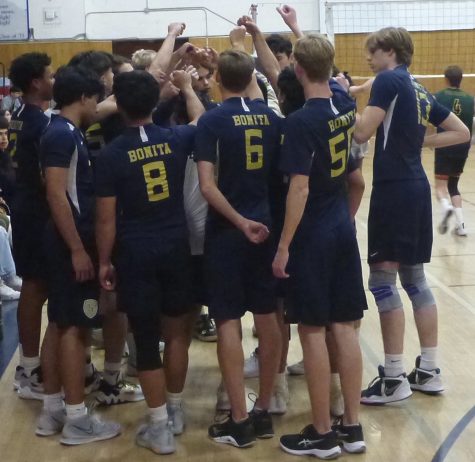 Bonita Vista Highs (BVH) boys varsity volleyball team huddles up before their game against Patrick Henry High (PHH) on Feb. 22. BVH finishes the game winning 3-1 sets against PHH.
