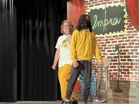 Freshman Jeremy Berke and Milo Wood and senior Owen Camus play blindfreeze at the Bonita Vista High Drama Improv Show on April 12. The game requires two players to act out an audience suggested scene. The third player must yell stop, then pick up from the pose that one of the players left off on.