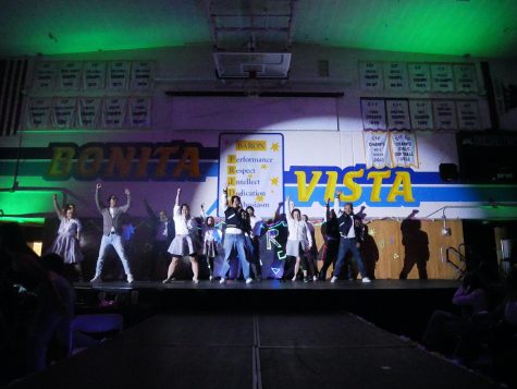On Friday April 28, Bonita Vista High teachers and staff dance John Travolta’s Grease Lightnin’ at the BVH MORP dance assembly. Accompanied by BVH’s principal Mr. Lee Romero, volunteer teachers and staff began the MORP assembly with a 1950s dance. 