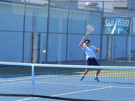 Senior and singles player for Bonita Vista High ( BVH) Matthew Garrido hits a groud stroke back to his opponents backhand. BVH beat Olympian High School (OHS) 13-5.