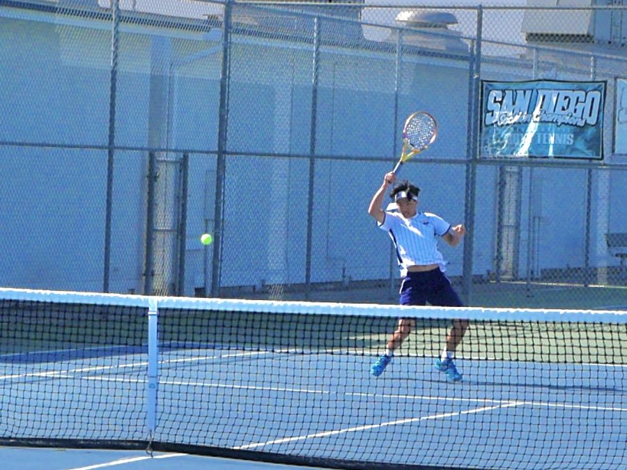 Senior+and+singles+player+for+Bonita+Vista+High+%28+BVH%29+Matthew+Garrido+hits+a+groud+stroke+back+to+his+opponents+backhand.+BVH+beat+Olympian+High+School+%28OHS%29+13-5.