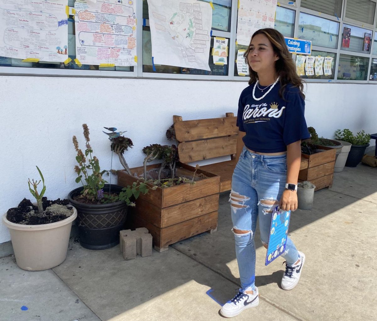 On Sept. 5, junior Brianna Gutierrez  leaves her International Baccalaureate Environmental Systems and Societies sixth period class to use the restroom. Gutierrez carries the new hall pass implemented by BVH decorated with stickers by her teacher Jennifer Ekstein.