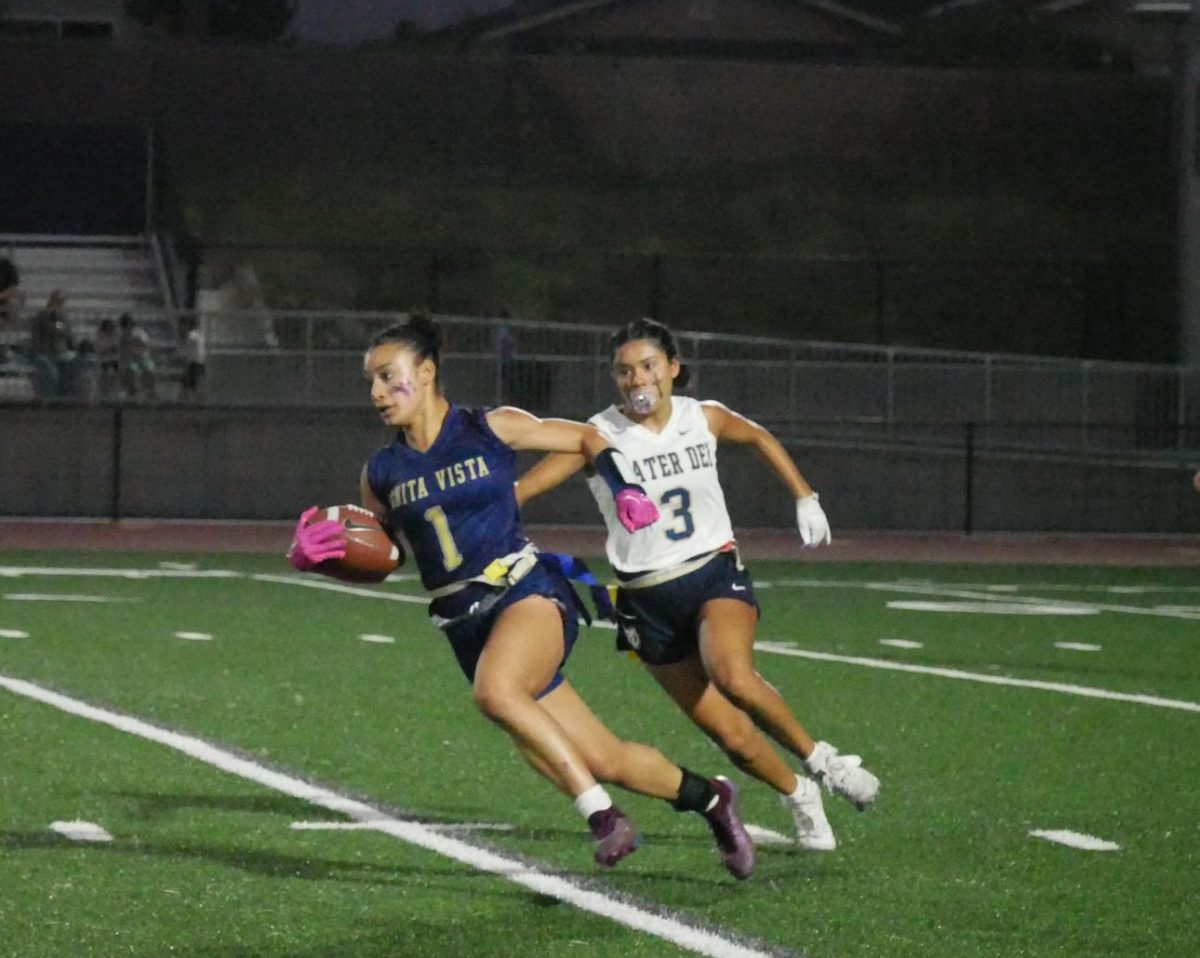 On Sept. 9, Bonita Vista High (BVH) running back, captain and senior Tatiana Colon (1) sprints down the field while being chased by a Mater Dei High (MDH) defender. Colons rushing attack against MDH would result in BVH winning the game and strengthening their season record