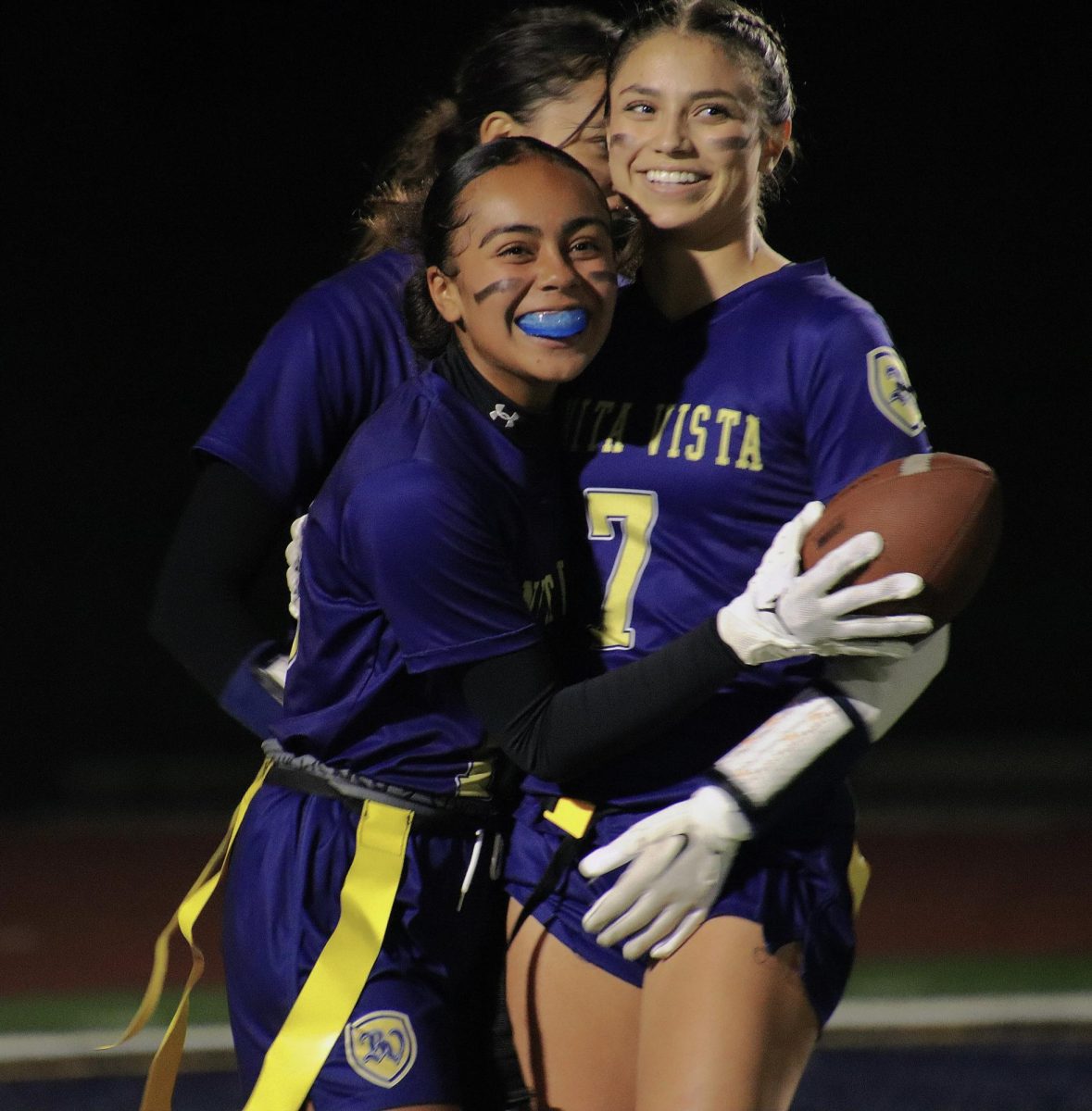 In the second half of the game, BVH wide receiver and freshman Sofia Garay (16) receives her first touchdown of the night, celebrating with BVH linebacker, wide receiver and senior Lucia Quintero (7). Garay has a big impact on the Lady Barons offense by catching passes that torch the bulldogs defense.