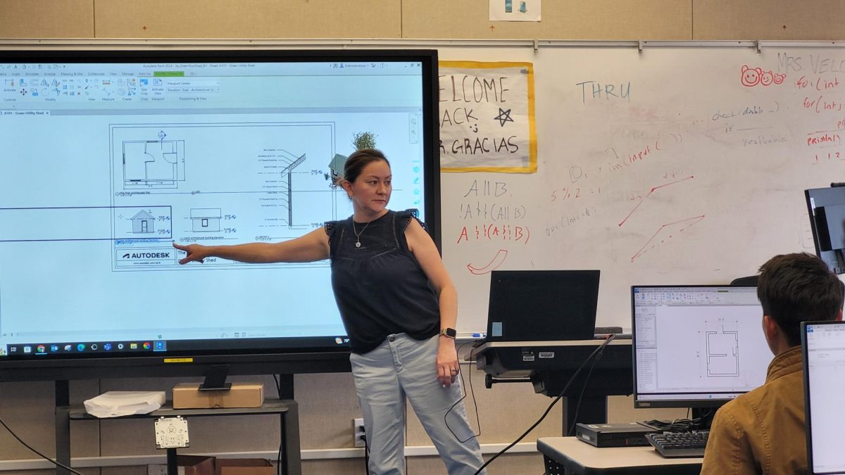 CTE Civil Engineering and Architecture teacher Beatriz Velosa teaches her sixth period in her new classroom at BVH. Velosa guides her sixth period class on a design lesson they are working on.