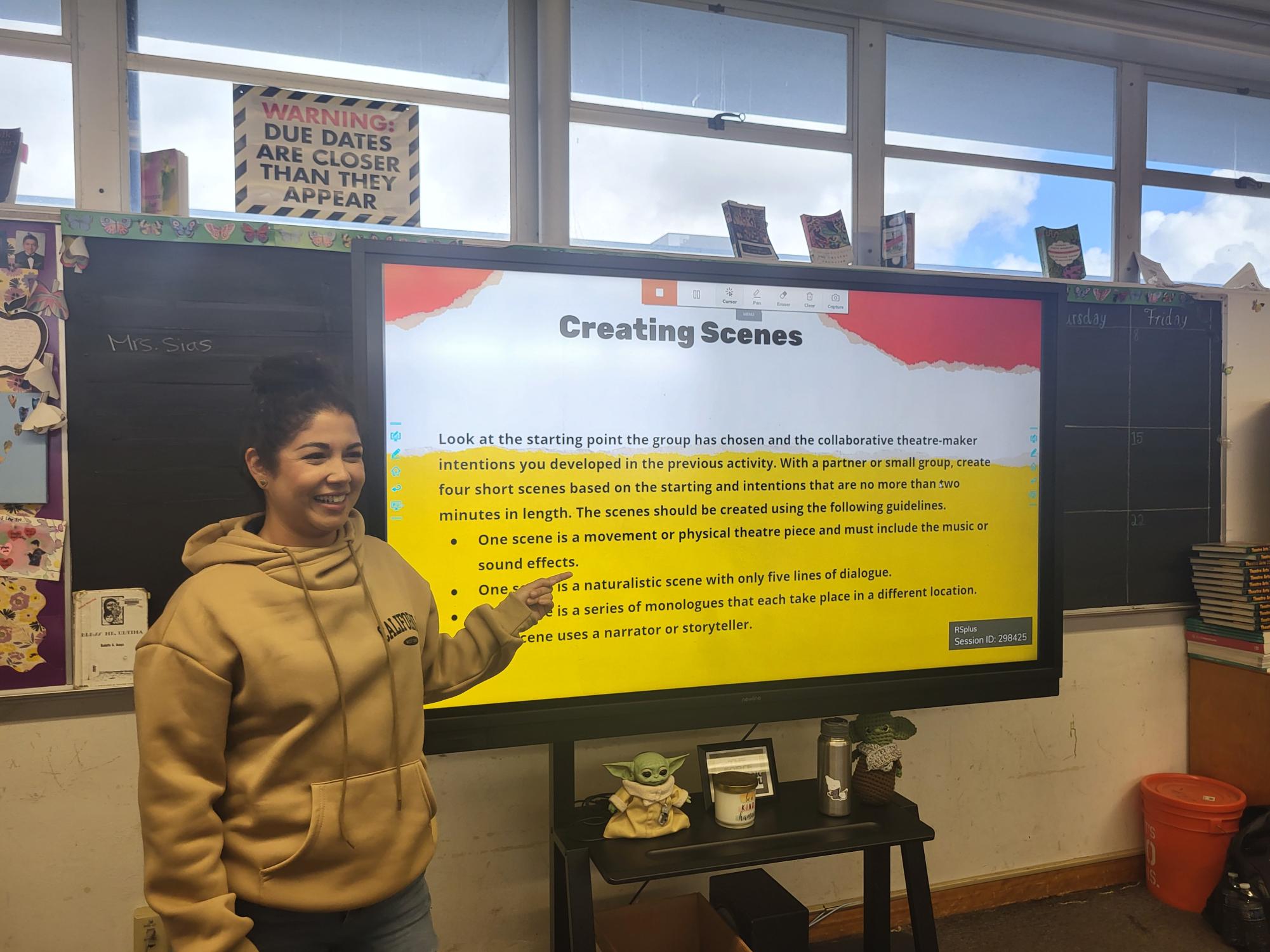 Rosamaria Sias teaches her Theater Production and IB Theatre class by allowing them to create their own scripts and short plays. The class is in Sias classroom to allow VMD to practice for their performance.