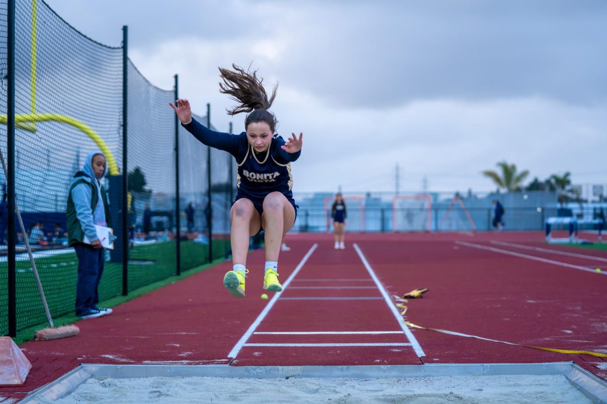 On Mar. 7, the Bonita Vista High (BVH) track and field team had their first meet of the season against Montgomery High School (MHS). BVH triple jumper Natalie Guevara takes her last triple jump attempt of the meet in hopes of a personal record (pr).