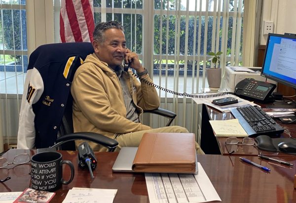 Bonita Vista High (BVH) Principal Lee Romero takes a call discussing the future cameras installment throughout the BVH campus. These cameras will be expected to be in place throughout the next few months as only the wiring is implemented as of now.