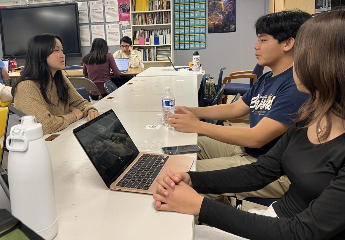 On March 1, BVHs TEDx club meets to finalizes speeches and plans for the upcoming TEDxBonitaVistaHS 2024 Conference. TEDx President and senior Cherise Magtoto converses with speaker department members, sophomore Louis Nguyen and senior Juliana Martinez in preparation for the conference.