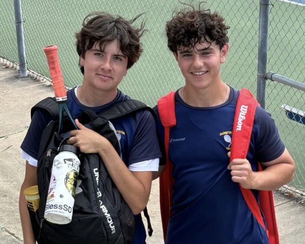 BVH tennis doubles partners and senior Freddy Schiantarelli (left) and junior Ari Broudy (right) pose together for a photo after a series of matches on the court. The duo would qualify for the third round of the CIF tennis postseason, which is the farthest that any BVH doubles team has ever gone. 