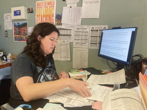 BVH English 11 teacher, Gina Vattuone grades student papers and prepares for her upcoming period during lunch. Vattuone completes her last school year at BVH before becoming new head librarian at Mar Vista Academy Middle School.