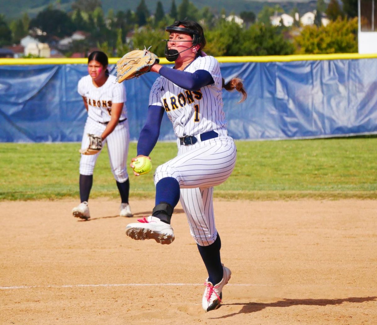 On April 24, BVH pitcher and junior Danica Aboytes (1) hurls the ball at her
Mater Dei Catholic (MDC) opponent. Aboytes’ pitching would go on to help her
team in their fight against MDC.