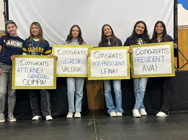 The 2024-2025 ASB board pose with seniors and current officers Alexis Acosta and Malyna Castillo. Juniors Olympia Jara, Valeria De La Fuente, Leina Clark and Ava Nixon will be the officers for the 2024-2025 school year.