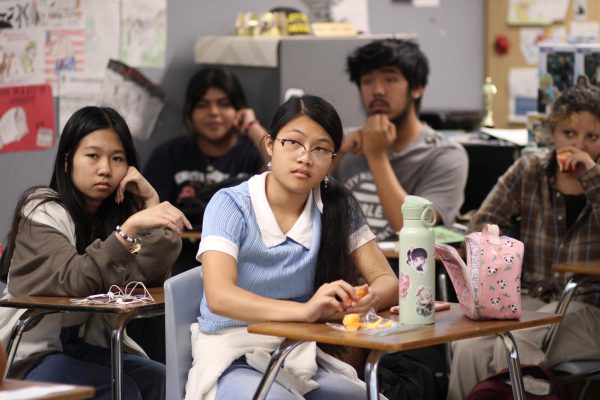 Members of the Samahan club attending a lunch meeting on Wednesday, October 23, 2024. During this meeting, club members were watching a presentation regarding the history of the Philippines.