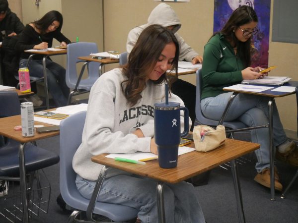 Senior and   girls lacrosse midfielder, Renata Herbst, works hard in her second period class. She takes time to study before a quiz, staying focused in class. 