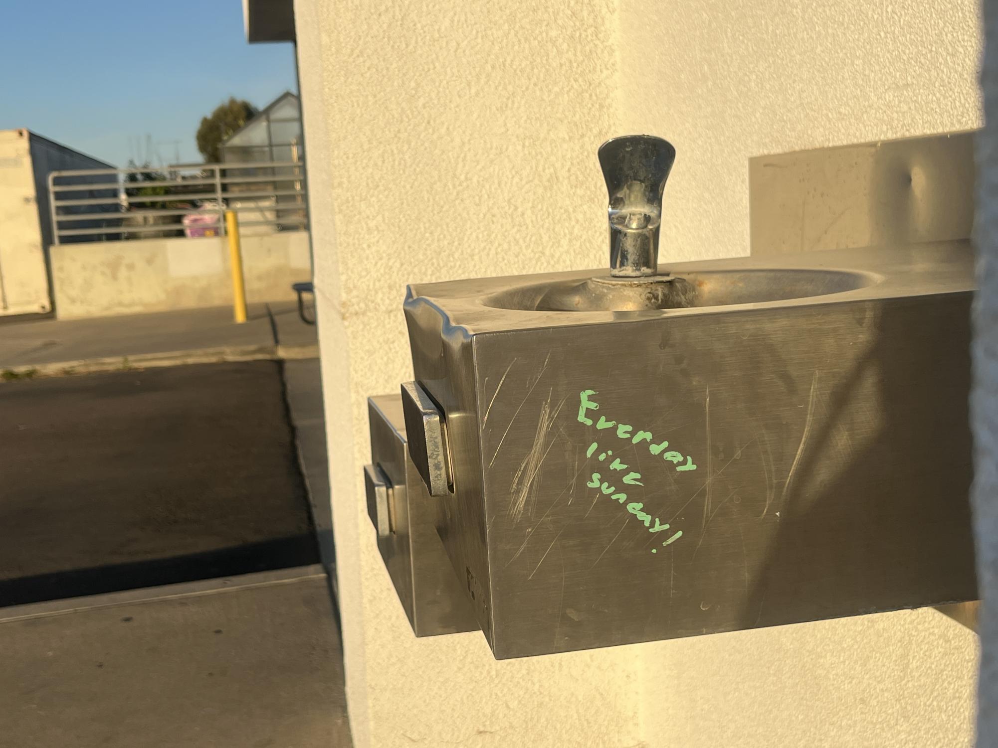 On Nov. 4, graffiti, otherwise known as art, was seen drawn on a water fountain behind the 700 buildings. Graffiti can be displayed throughout places on campus like bathrooms and water fountains to express short messages or even small artworks from students.