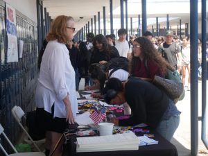 On Apr. 7, 2026, the League of Women Voters (LWV) set up a table at BVH near the 400s to encourage students to pre-register or register to vote. Marti Emerald, an investigative journalist, elected SUHSD board member and LWV volunteer, talked to several BVH students like junior Sophia Ambriz, who is seen pre-registering across from Emerald.