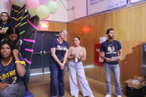 New ASB Coordinator, Courtney Peterson stands beside Mayra Valenzuela during his first assembly. She hopes to assist in more assemblies later in the year.
