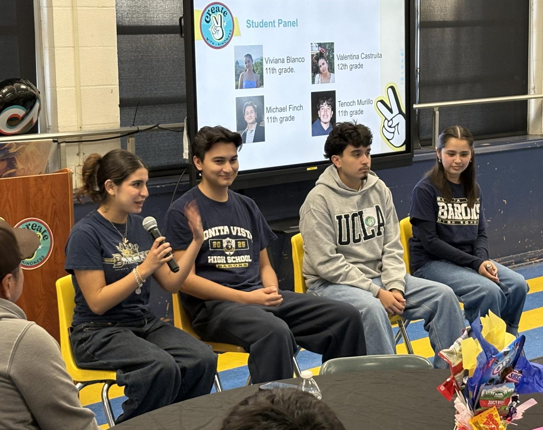 On the far left, senior Valentina Castruita is seen speaking at a Parent Teacher Student Association (PTSA) meeting. Juniors Michael Finch, Martin Tenoch Murillo and Viviana Blanco Flores sit next to her (left to right). Photo provided by Valentina Castruita.