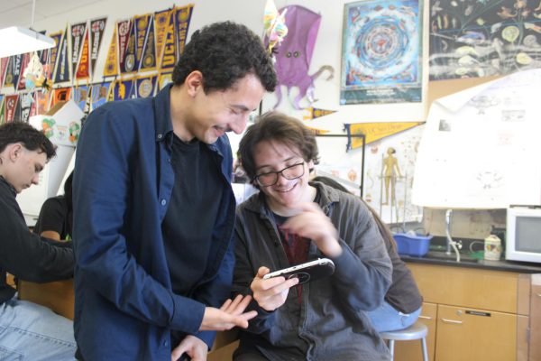Senior Giovanni George (right) is seen in room 401 at lunch, hanging out and laughing with his fellow senior friend Brandon Chavez (left). Both seniors are taking non-traditional paths to their futures.
